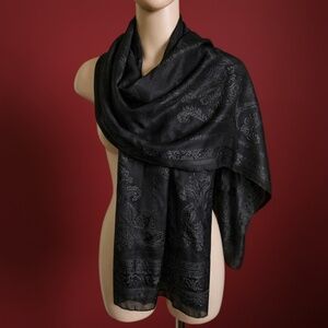 Elegant Jacquard Silk Scarf | Black | Floral Damask | New Without Tag